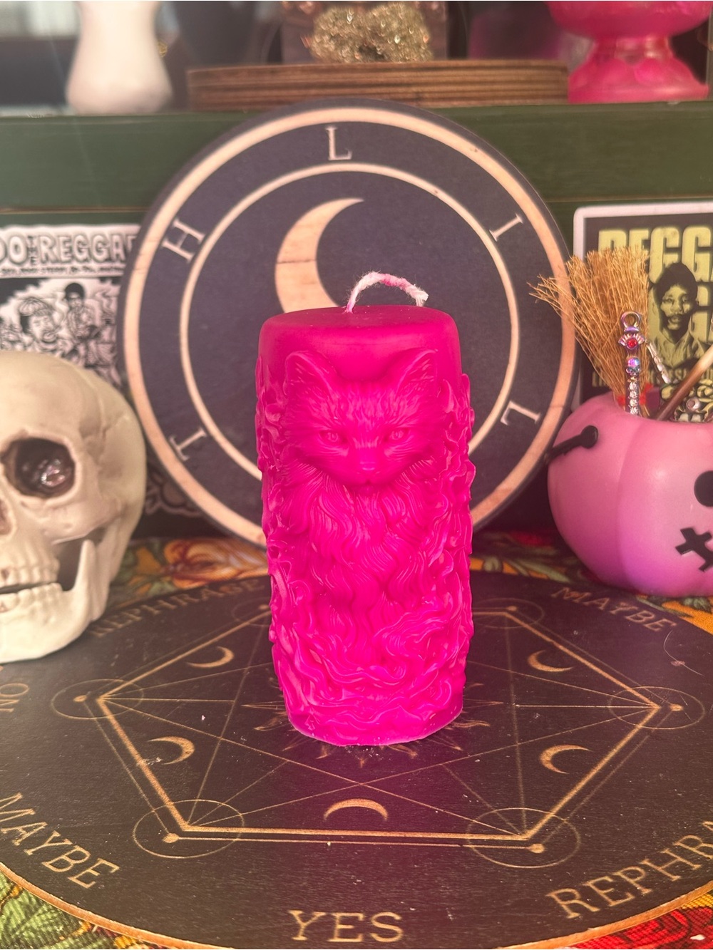 Bright Pink Mystical Cat Pillar Candle